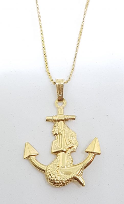 9ct Yellow Gold Large Anchor and Mermaid Pendant on Gold Chain