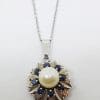 9ct White Gold Round Sapphire and Pearl Cluster Pendant on Gold Chain