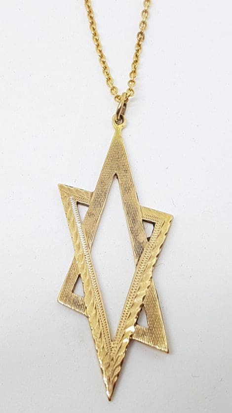 9ct Yellow Gold Ornate Star of David Large Pendant on Gold Chain