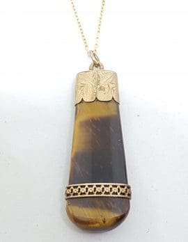9ct Yellow Gold Large Ornate Tiger Eye Pendant on Gold Chain