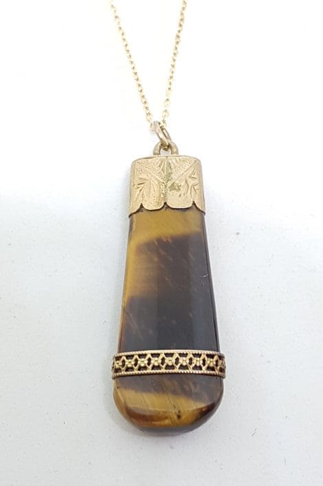 9ct Yellow Gold Large Ornate Tiger Eye Pendant on Gold Chain