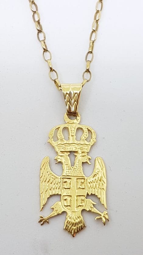 9ct Yellow Gold Double Headed Eagle Crest Pendant on Gold Chain