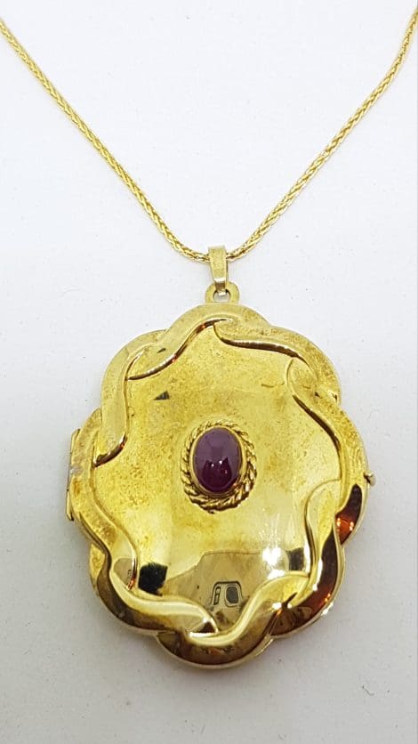 9ct Yellow Gold Large Oval Locket with Cabochon Cut Ruby Pendant on Gold Chain
