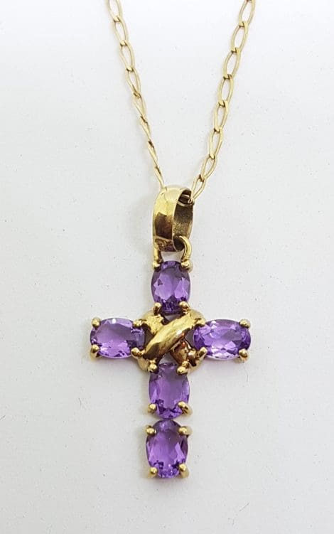 9ct Yellow Gold Amethyst Crucifix / Cross Pendant on Gold Chain