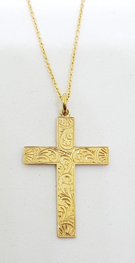 9ct Yellow Gold Antique Ornate Crucifix / Cross Pendant on Gold Chain