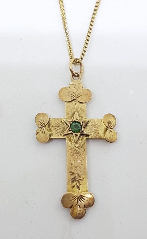 9ct Yellow Gold & Green Stone Antique Ornate Crucifix / Cross Pendant on Gold Chain