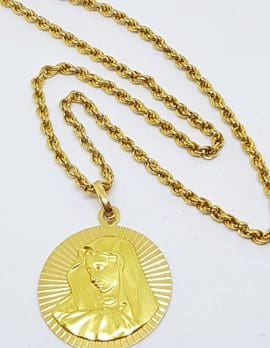 18ct Yellow Gold Large Mother Mary Religious Medallion Pendant on Long Gold Chain