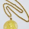 18ct Yellow Gold Large Mother Mary Religious Medallion Pendant on Long Gold Chain