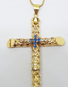 9ct Yellow Gold Antique Large Ornate with Blue and Clear Cubic Zirconia Crucifix / Cross Pendant on Gold Chain