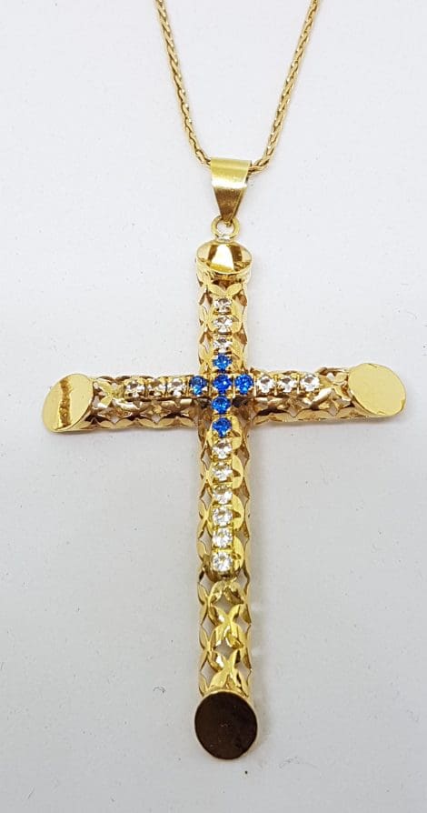 9ct Yellow Gold Antique Large Ornate with Blue and Clear Cubic Zirconia Crucifix / Cross Pendant on Gold Chain