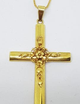 9ct Yellow Gold Antique Large Ornate Floral Crucifix / Cross Pendant on Gold Chain