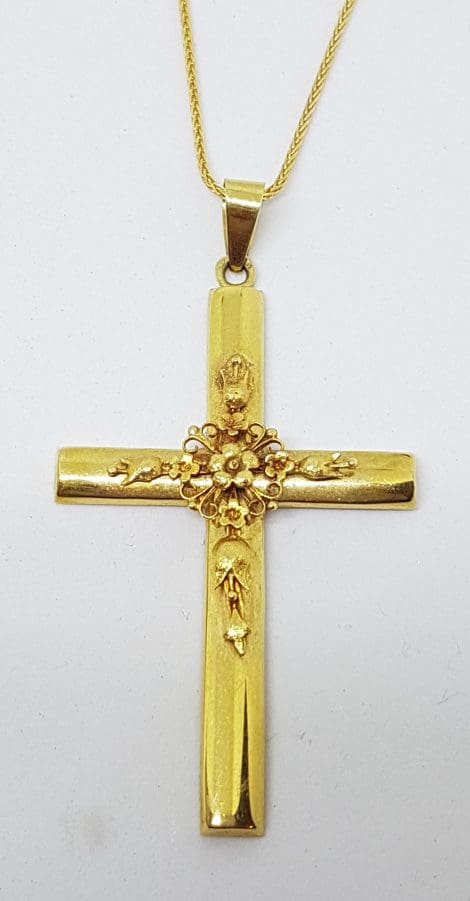 9ct Yellow Gold Antique Large Ornate Floral Crucifix / Cross Pendant on Gold Chain