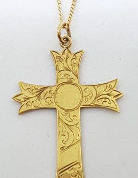 9ct Yellow Gold Antique Large Ornate Crucifix / Cross Pendant on Gold Chain