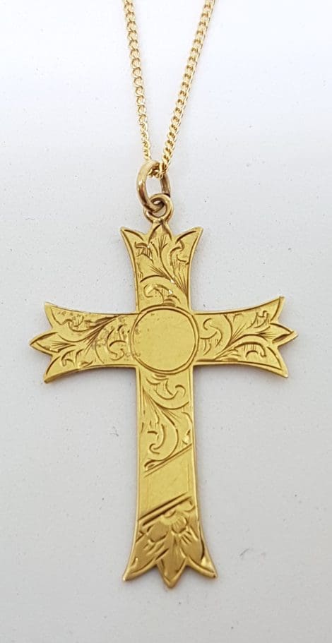 9ct Yellow Gold Antique Large Ornate Crucifix / Cross Pendant on Gold Chain