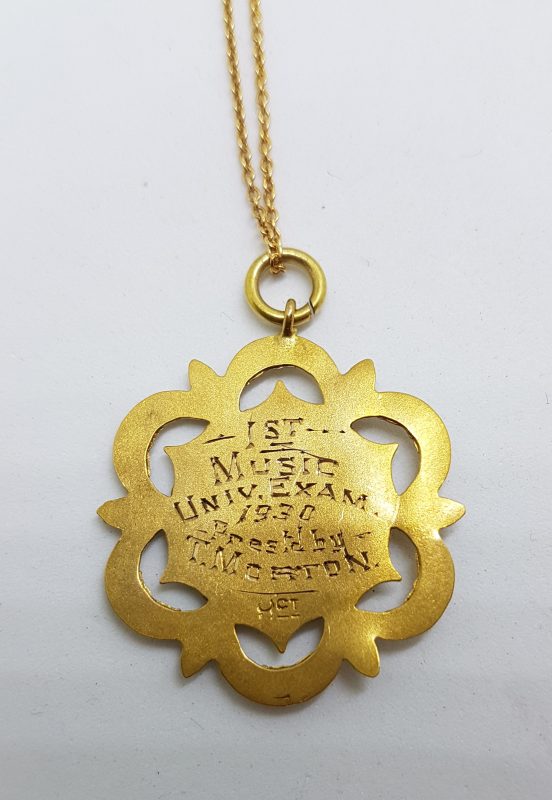 20200507_192624 9ct Yellow Gold Ornate 1st Music Exam 1930 Medallion Pendant on Gold Chain