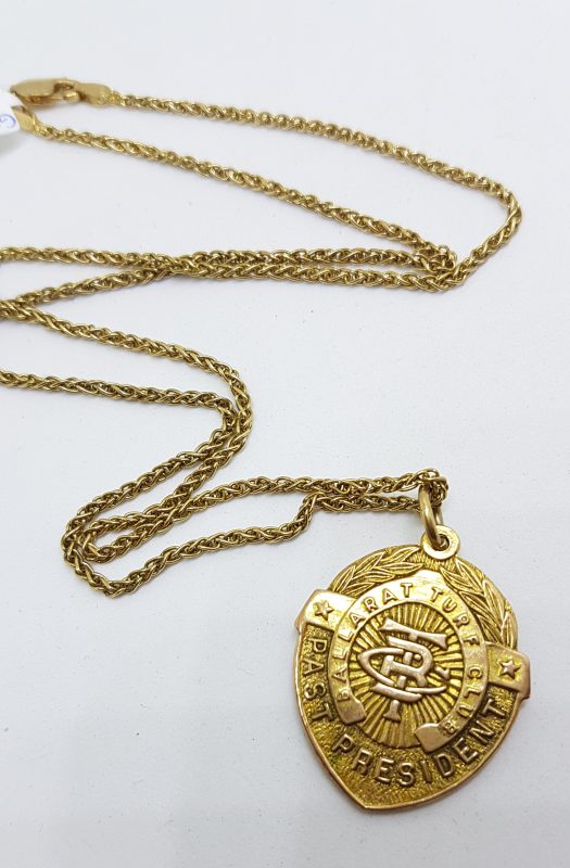 20200507_192655 9ct Yellow Gold Shield Shape Ballarat Turf Club Medallion Pendant on Gold Chain