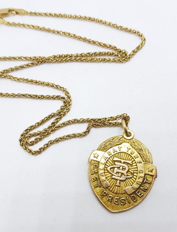 20200507_192708 9ct Yellow Gold Shield Shape Ballarat Turf Club Medallion Pendant on Gold Chain