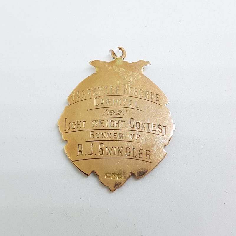 9ct Rose Gold Large Light Weight Contest Boxing 1921 Medallion Fob Pendant