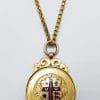 9ct Yellow Gold Ornate Enamel Crest Medallion Pendant on Gold Chain