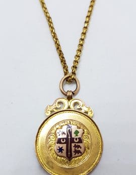9ct Yellow Gold Ornate Enamel Crest Medallion Pendant on Gold Chain