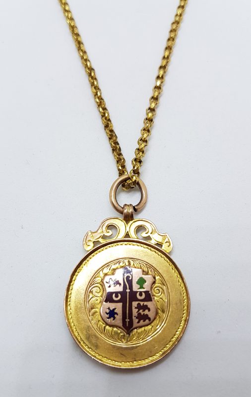 20200507_192745 9ct Yellow Gold Ornate Enamel Crest Medallion Pendant on Gold Chain