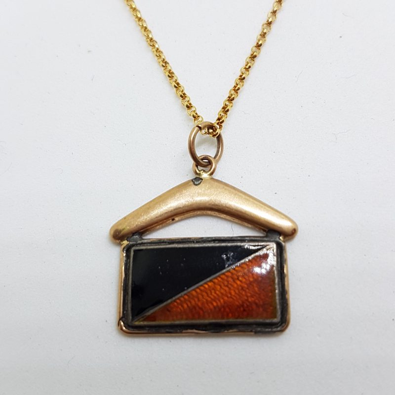 20200507_192851 9ct Yellow Gold Black and Red Enamel Flag with Boomerang Pendant on Gold Chain