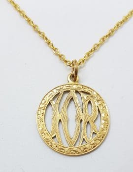 15ct Yellow Gold Ornate Round "I O R" Medallion Pendant on 9ct Gold Chain