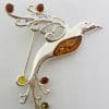 Sterling Silver Natural Multi-Colour Amber Large Bird Brooch