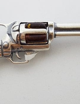 Sterling Silver Natural Amber Large Revolver / Pistol / Gun Brooch