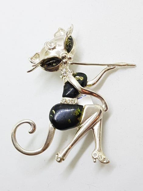 Sterling Silver Large Green Amber and CZ Elegant Cat Sitting Brooch