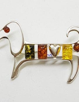 Sterling Silver Multi-Coloured Amber Dachshund Heart Dog Brooch