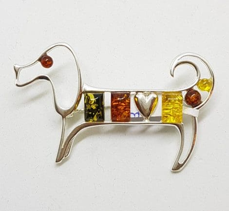 Sterling Silver Multi-Coloured Amber Dachshund Heart Dog Brooch
