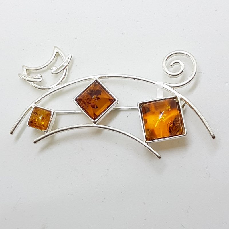 Sterling Silver and Amber Brooch - Stylised Cat Design