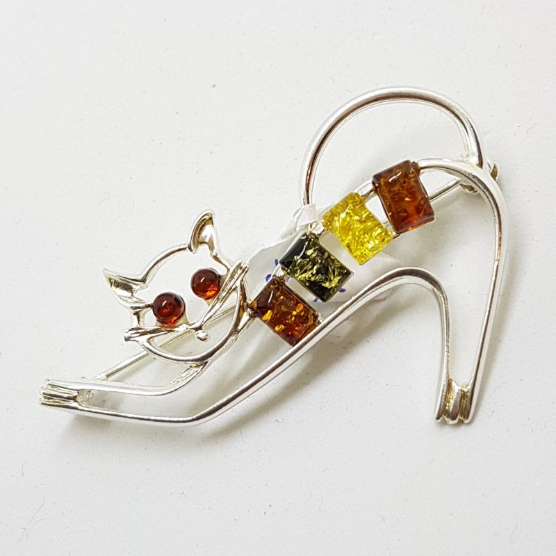 Sterling Silver Multi-Coloured Natural Baltic Amber Cat Stretching Brooch Sterling Silver Multi-Coloured Natural Baltic Amber Cat Stretching Brooch