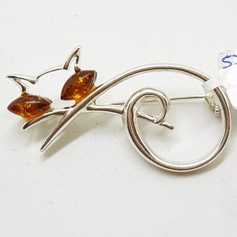 20200507_193550 Sterling Silver and Amber Cat Brooch - Brown and Green - Also Available as Pendant