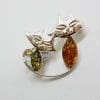 Sterling Silver Multi-Coloured Amber Two Cats Brooch