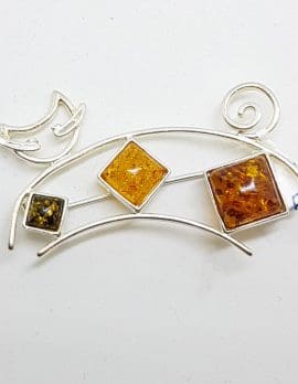 Sterling Silver and Amber Brooch - Stylised Cat Design