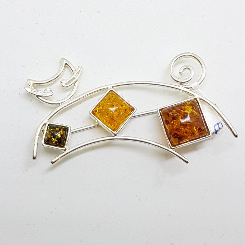 Sterling Silver and Amber Brooch - Stylised Cat Design