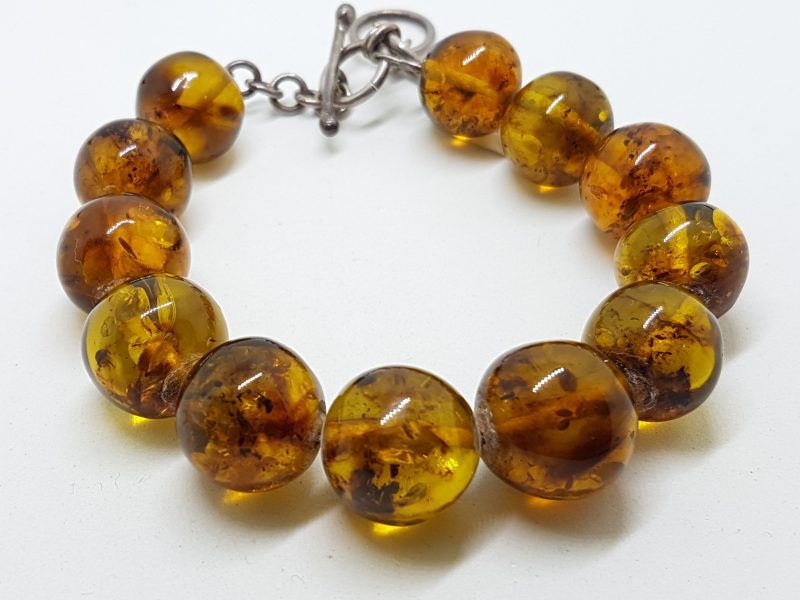 Natural Amber Heavy Round Bead Bracelet with Sterling Silver Clasp