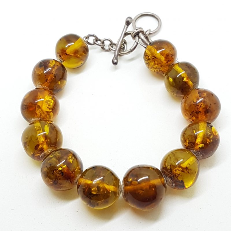 Natural Amber Heavy Round Bead Bracelet with Sterling Silver Clasp