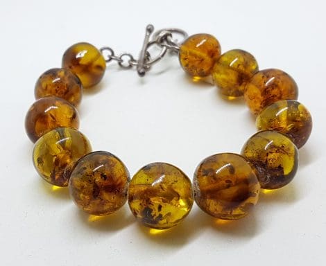 Natural Amber Heavy Round Bead Bracelet with Sterling Silver Clasp