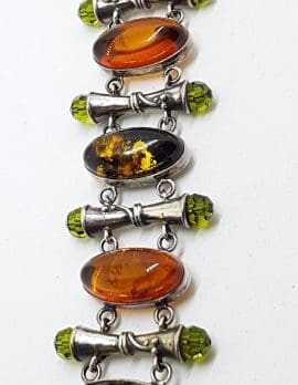 Sterling Silver Multi-Colour Natural Amber and Peridot Wide Bracelet - Stunning!