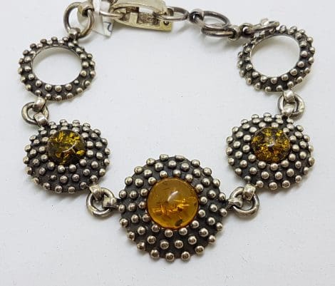 Sterling Silver Natural Brown and Green Amber Patterned Circular Bracelet