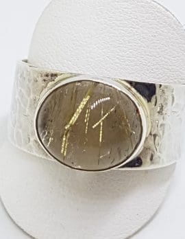 Sterling Silver Oval Rutilated Quartz Wide Beaten Pattern Band Ring