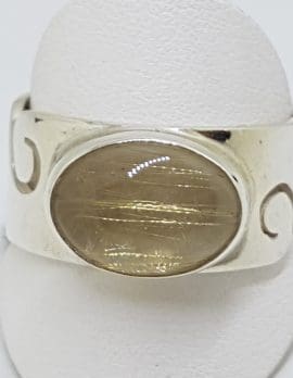 Sterling Silver Oval Rutilated Quartz Wide Wave Pattern Band Ring - Gents / Ladies