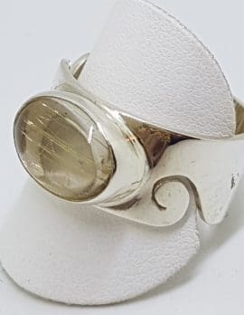 Sterling Silver Oval Rutilated Quartz Wide Wave Pattern Band Ring