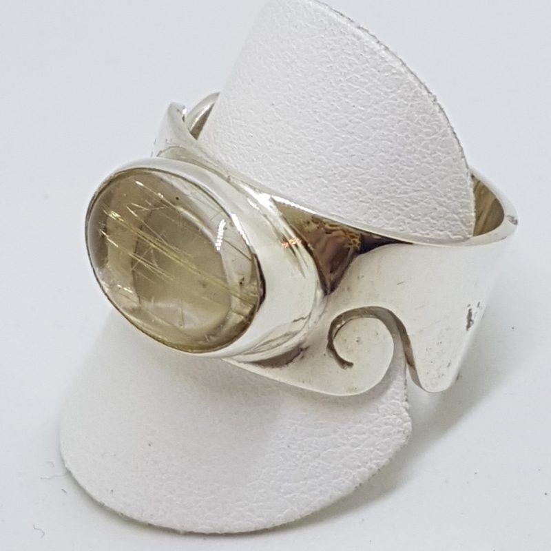 Sterling Silver Oval Rutilated Quartz Wide Wave Pattern Band Ring