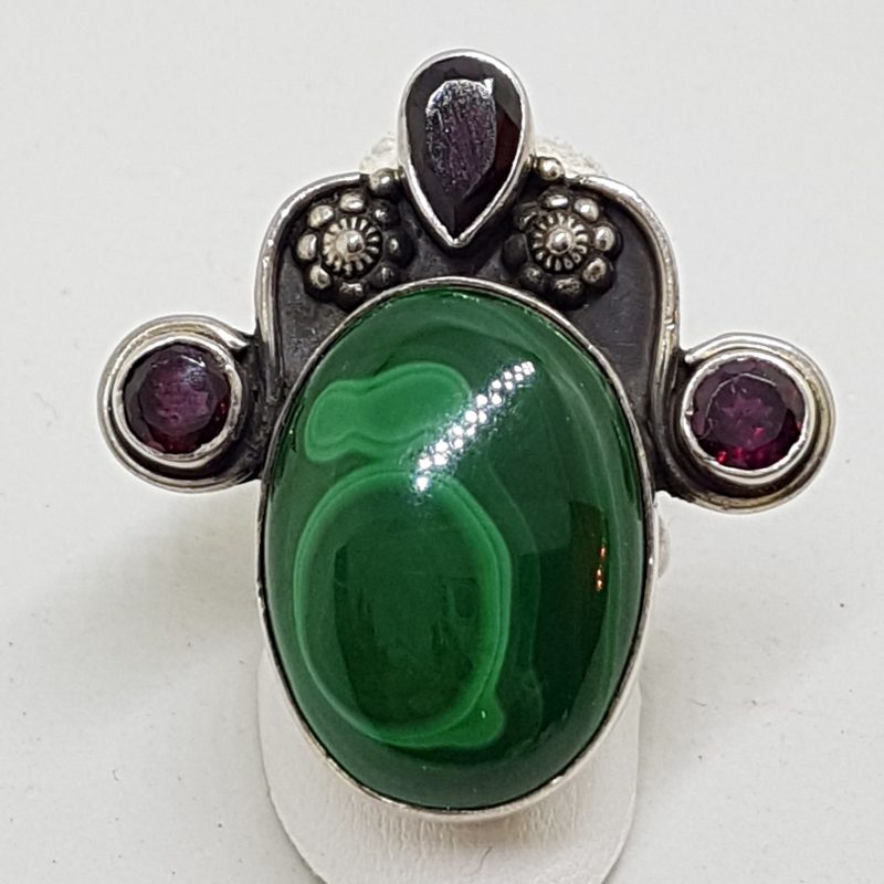 20200510_021020 Sterling Silver Large Ornate Oval Malachite with Garnets Ring