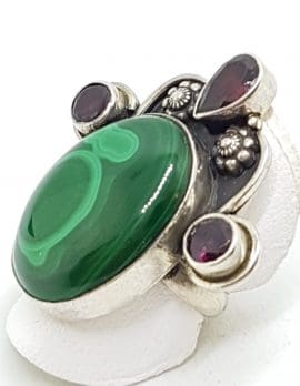 Sterling Silver Large Ornate Oval Malachite with Garnets Ring
