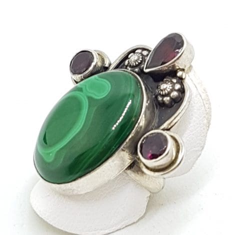 Sterling Silver Large Ornate Oval Malachite with Garnets Ring
